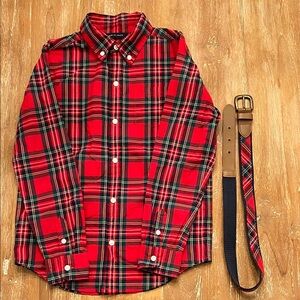 Janie and Jack Red Plaid boys Button Down shirt with matching belt - size 7